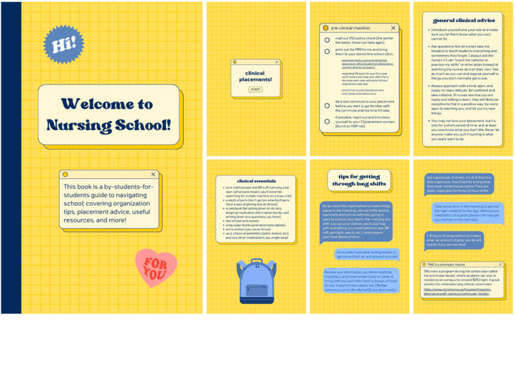 select pages from nursing school handbook (for TMU nursing course union), made using canva (2023)